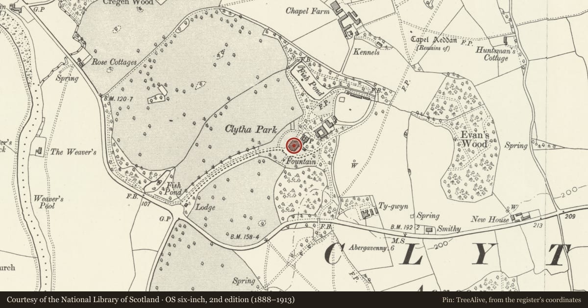 Ordnance Survey six-inch map, 2nd edition (1888–1913) covering the location of Clytha Park, Llanarth, Monmouthshire, with a pin at the register's coordinates