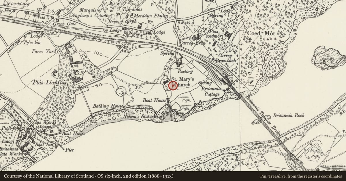 Ordnance Survey six-inch map, 2nd edition (1888–1913) covering the location of Britannia Bridge Memorial, Churchyard of Church of St. Mary, Llanfairpwll, Llanfair Pwllgwyngyll, Isle of Anglesey, with a pin at the register's coordinates