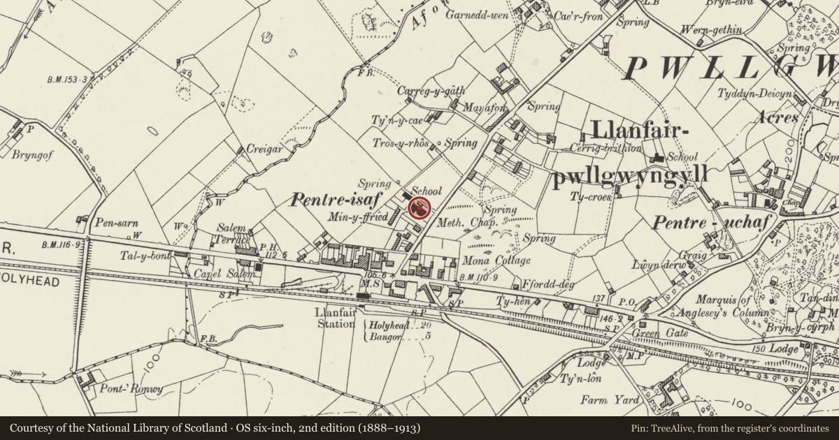 Ordnance Survey six-inch map, 2nd edition (1888–1913) covering the location of Rhos y Gad Chapel and schoolrooms, Llanfair Pwllgwyngyll, Isle of Anglesey, with a pin at the register's coordinates