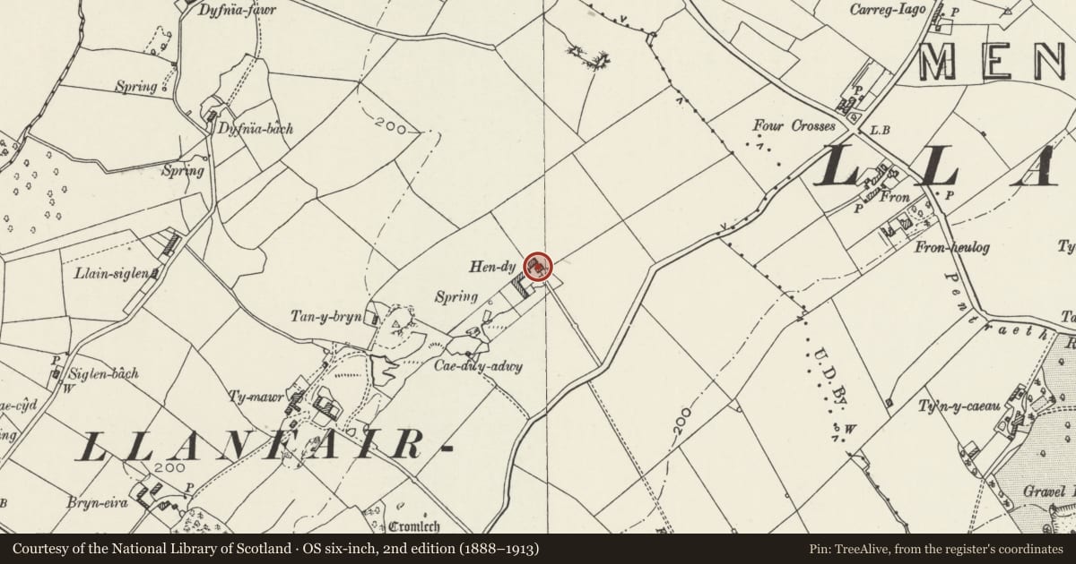 Ordnance Survey six-inch map, 2nd edition (1888–1913) covering the location of Hen-dy, Llanfair Pwllgwyngyll, Isle of Anglesey, with a pin at the register's coordinates