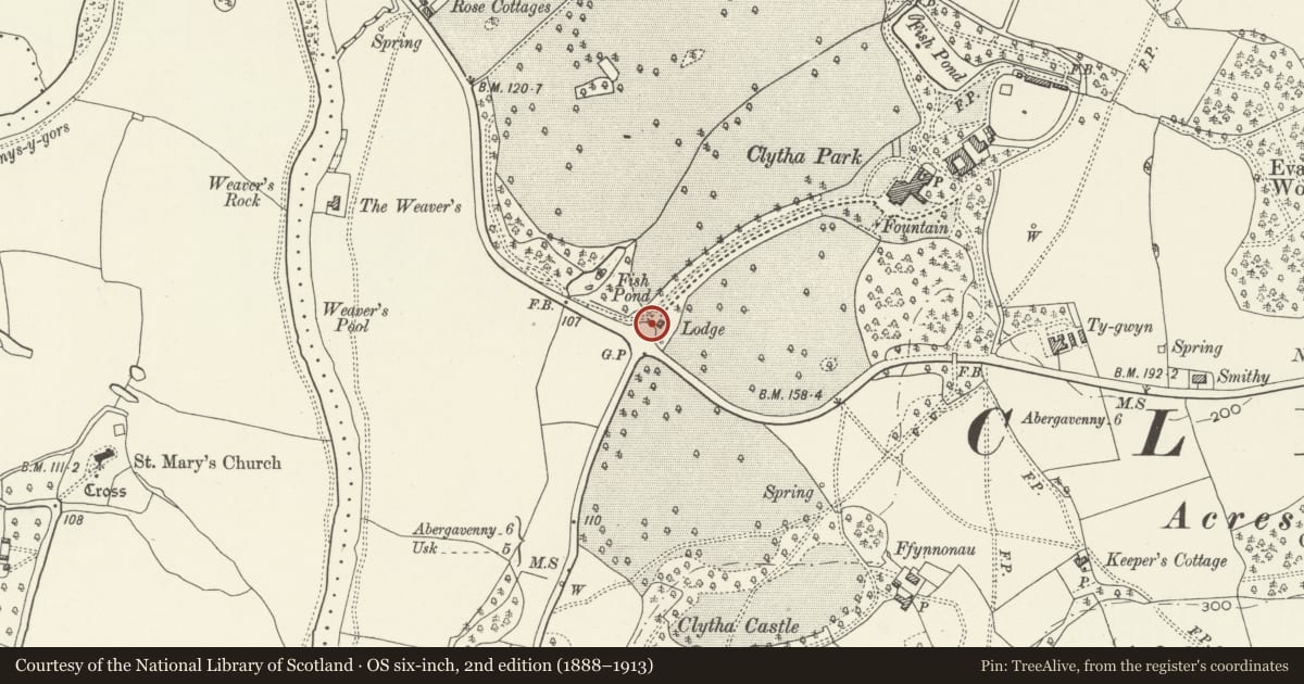 Ordnance Survey six-inch map, 2nd edition (1888–1913) covering the location of Gateway and railings to Clytha Park, Llanarth, Monmouthshire, with a pin at the register's coordinates