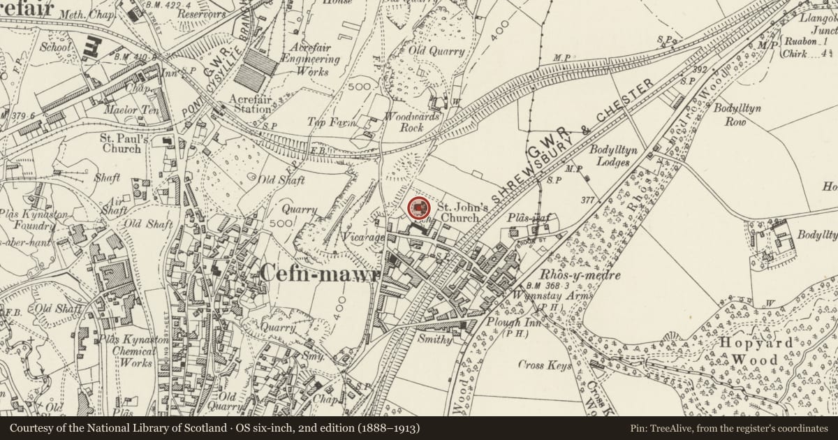 Ordnance Survey six-inch map, 2nd edition (1888–1913) covering the location of Church of St John, Cefn, Wrexham, with a pin at the register's coordinates