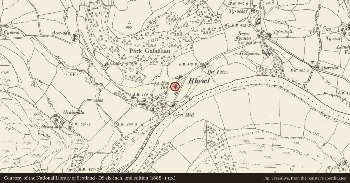 Ordnance Survey six-inch map, 2nd edition (1888–1913) covering the location of The Sun Inn, Llantysilio, Denbighshire, with a pin at the register's coordinates