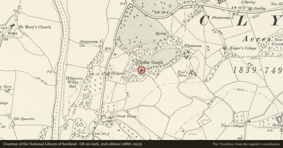 Ordnance Survey six-inch map, 2nd edition (1888–1913) covering the location of Clytha Castle, Llanarth, Monmouthshire, with a pin at the register's coordinates