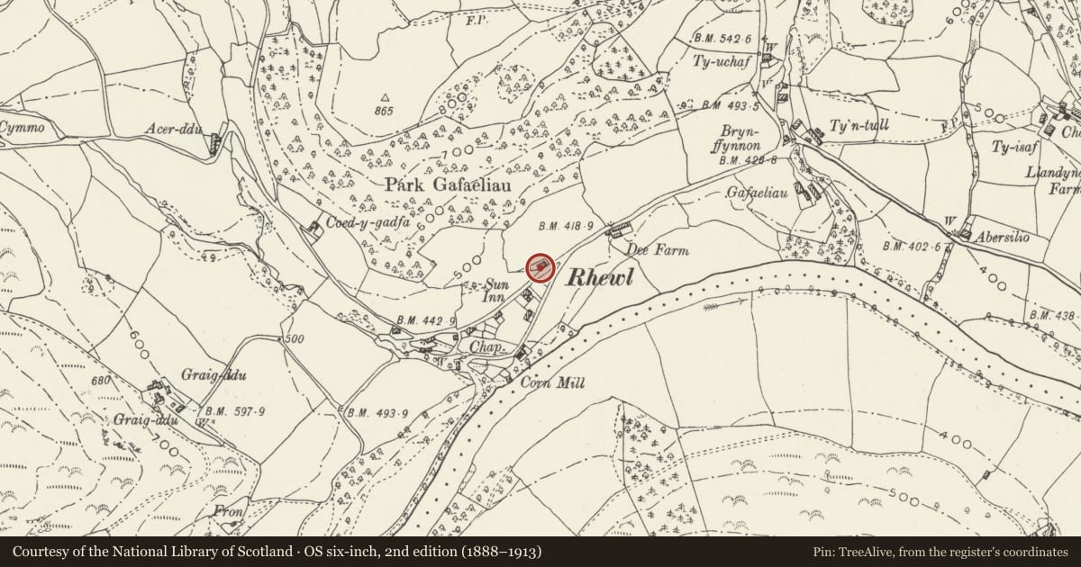 Ordnance Survey six-inch map, 2nd edition (1888–1913) covering the location of The Old Post Office, Llantysilio, Denbighshire, with a pin at the register's coordinates