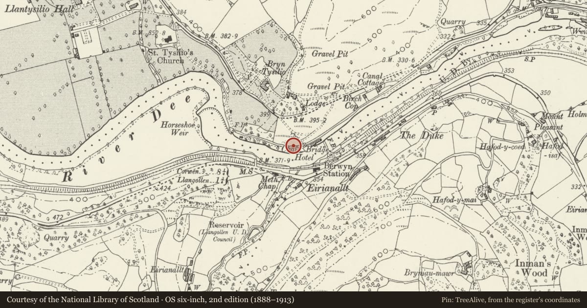 Ordnance Survey six-inch map, 2nd edition (1888–1913) covering the location of The King's Bridge (partly in Llangollen Community), Llantysilio, Denbighshire, with a pin at the register's coordinates
