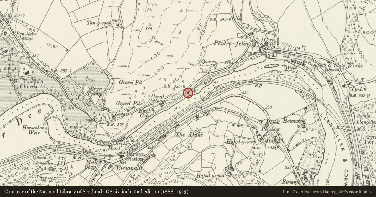 Ordnance Survey six-inch map, 2nd edition (1888–1913) covering the location of Ty Craig Canal Bridge, Llantysilio, Denbighshire, with a pin at the register's coordinates