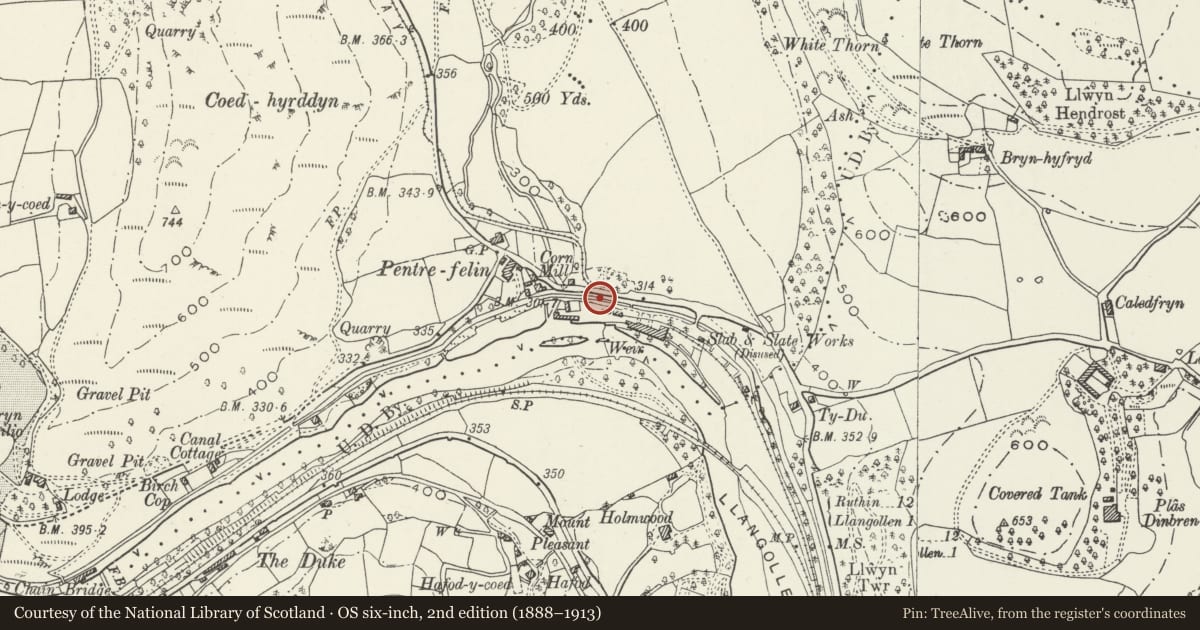 Ordnance Survey six-inch map, 2nd edition (1888–1913) covering the location of Pentrefelin (Afon Eglwyseg) Aquaduct, Llantysilio, Denbighshire, with a pin at the register's coordinates