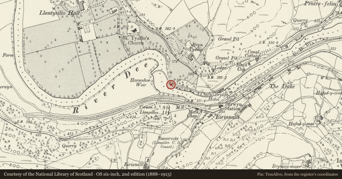 Ordnance Survey six-inch map, 2nd edition (1888–1913) covering the location of Horseshoe Falls and canal entry pounds with sluices (partly in Llangollen Community), Llantysilio, Denbighshire, with a pin at the register's coordinates