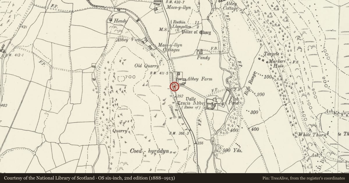 Ordnance Survey six-inch map, 2nd edition (1888–1913) covering the location of Well House at Abbey Farm, Llantysilio, Denbighshire, with a pin at the register's coordinates