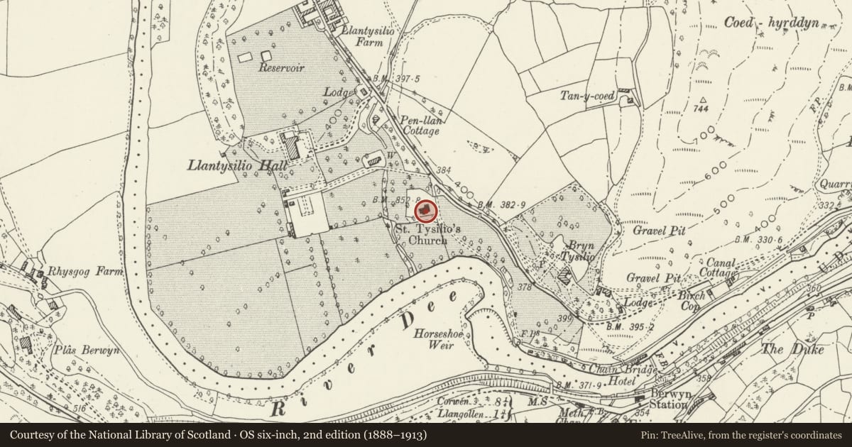 Ordnance Survey six-inch map, 2nd edition (1888–1913) covering the location of Church of St Tysilio, Llantysilio, Denbighshire, with a pin at the register's coordinates