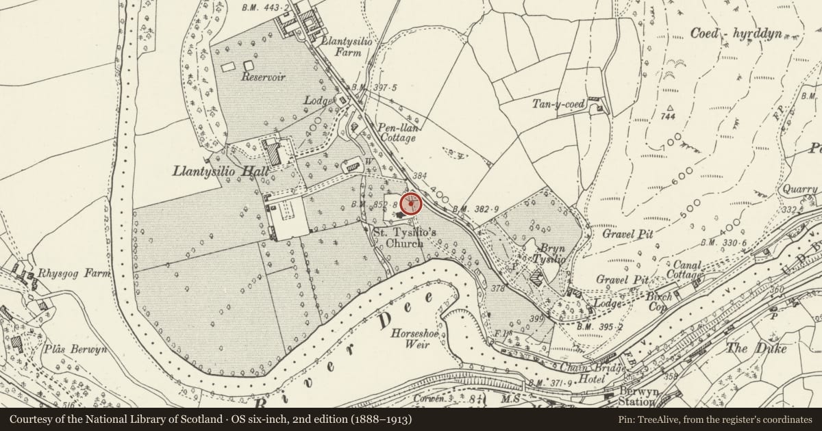 Ordnance Survey six-inch map, 2nd edition (1888–1913) covering the location of Lychgate to churchyard of Church of St Tysilio, Llantysilio, Denbighshire, with a pin at the register's coordinates