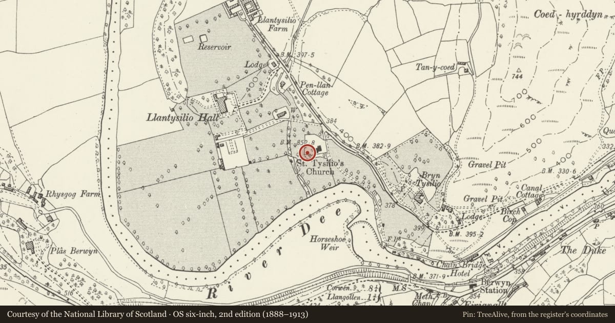 Ordnance Survey six-inch map, 2nd edition (1888–1913) covering the location of Roberts Monument in churchyard of Church of St Tysilio, Llantysilio, Denbighshire, with a pin at the register's coordinates