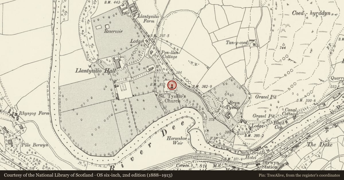 Ordnance Survey six-inch map, 2nd edition (1888–1913) covering the location of Jones Chest Tomb in churchyard of Church of St Tysilio, Llantysilio, Denbighshire, with a pin at the register's coordinates