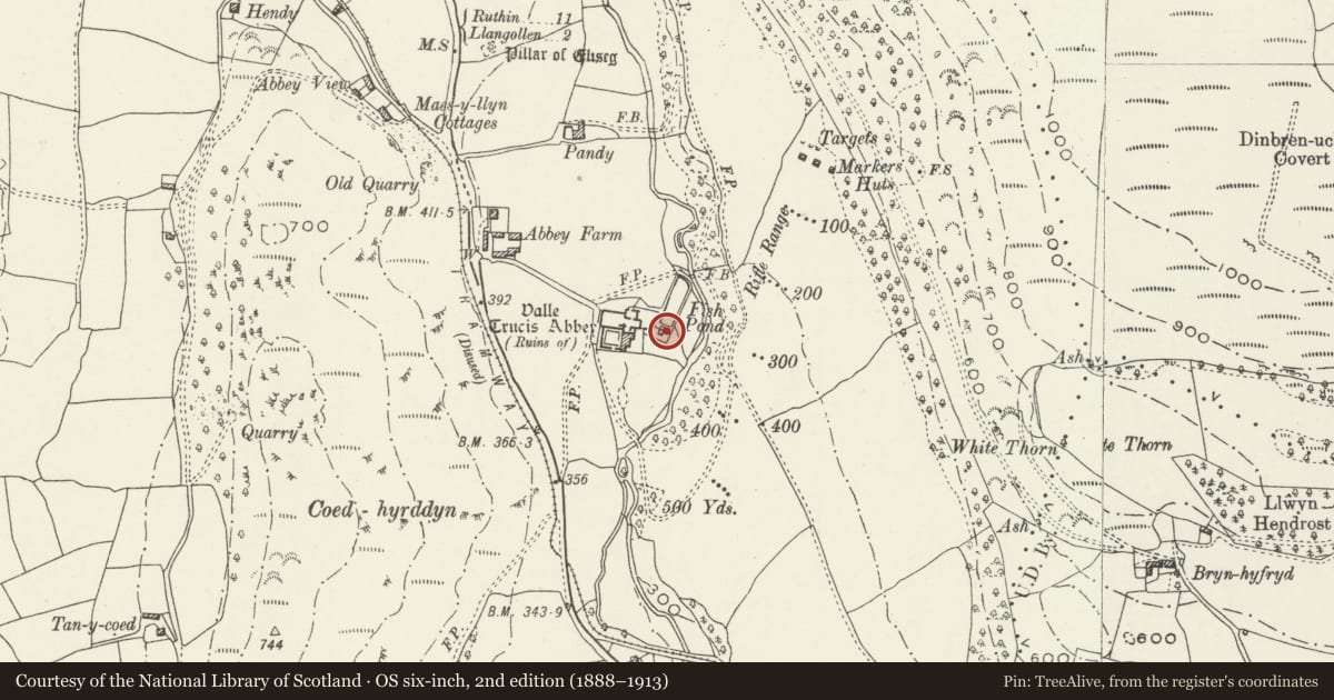 Ordnance Survey six-inch map, 2nd edition (1888–1913) covering the location of Cottage at Valle Crucis Abbey, Llantysilio, Denbighshire, with a pin at the register's coordinates
