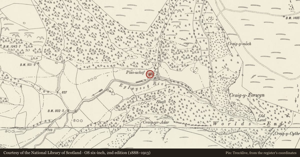 Ordnance Survey six-inch map, 2nd edition (1888–1913) covering the location of Plas-uchaf, Llantysilio, Denbighshire, with a pin at the register's coordinates