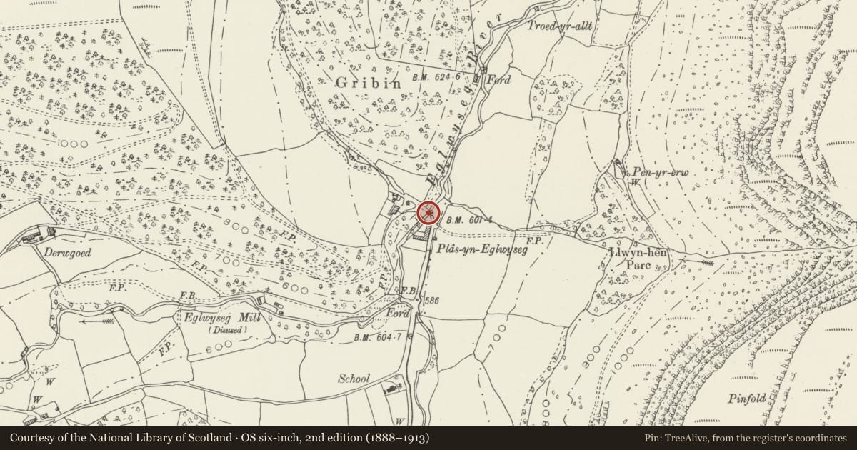 Ordnance Survey six-inch map, 2nd edition (1888–1913) covering the location of Eglwyseg Bridge, Llantysilio, Denbighshire, with a pin at the register's coordinates