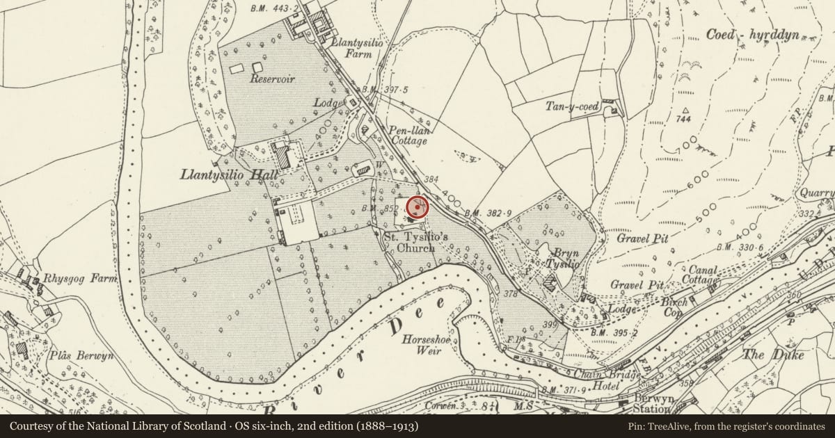 Ordnance Survey six-inch map, 2nd edition (1888–1913) covering the location of Pickering Monument in churchyard of Church of St Tysilio, Llantysilio, Denbighshire, with a pin at the register's coordinates