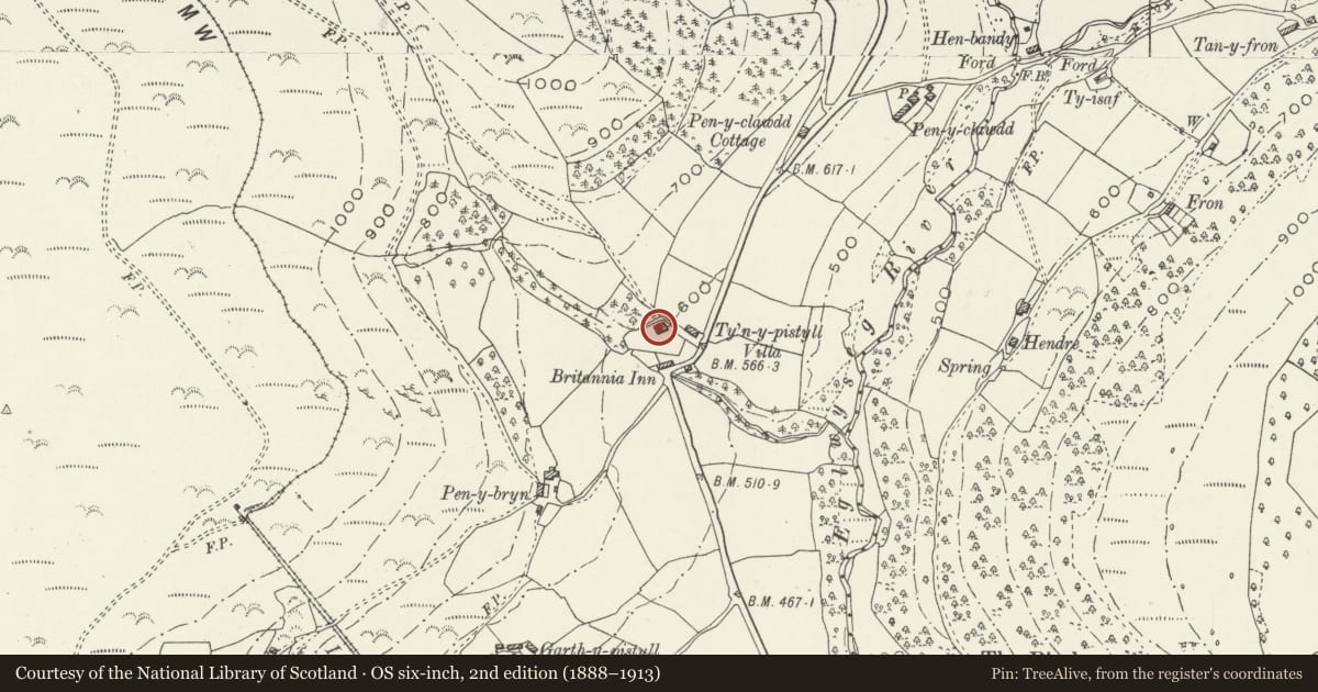 Ordnance Survey six-inch map, 2nd edition (1888–1913) covering the location of Ty'n-y-pistyll Villa, Llantysilio, Denbighshire, with a pin at the register's coordinates