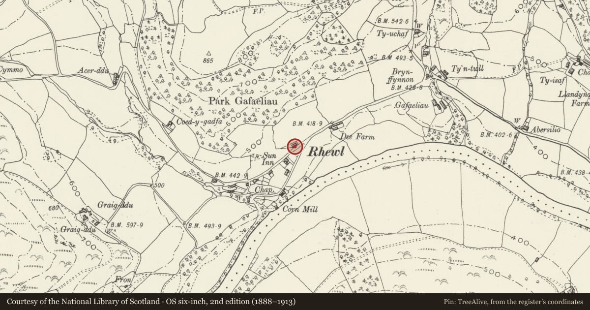 Ordnance Survey six-inch map, 2nd edition (1888–1913) covering the location of Telephone Call-box, Llantysilio, Denbighshire, with a pin at the register's coordinates