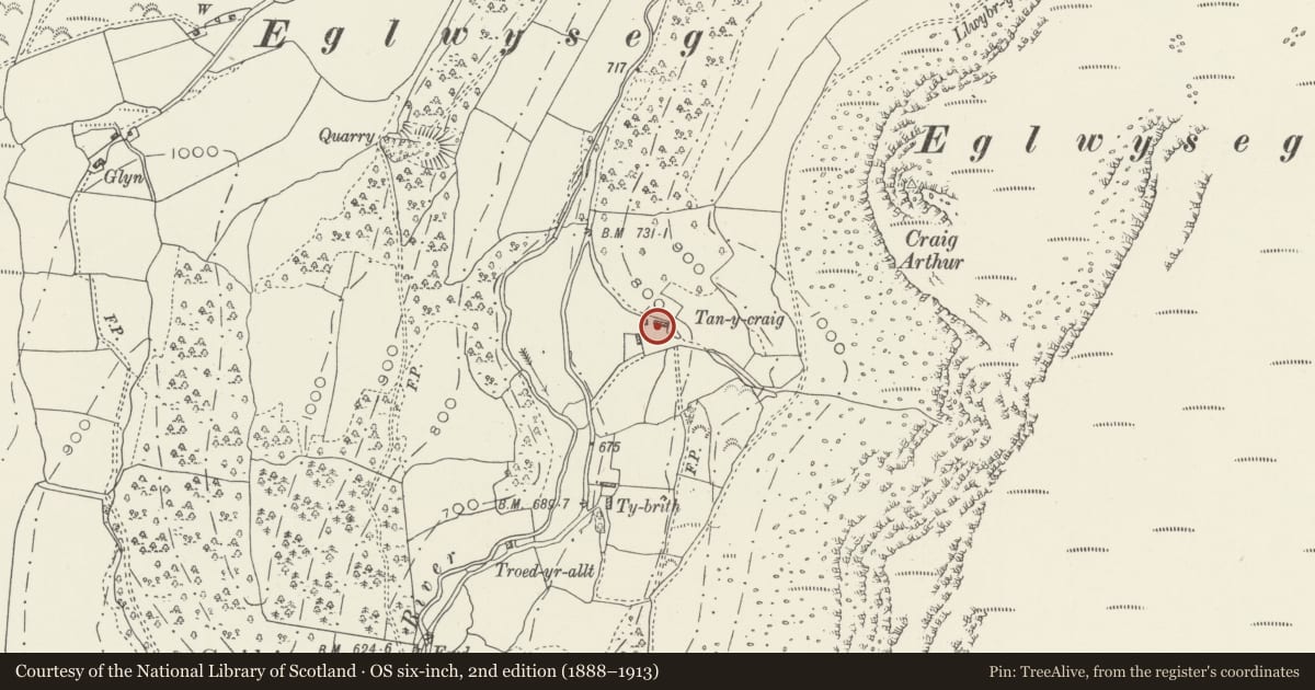 Ordnance Survey six-inch map, 2nd edition (1888–1913) covering the location of Tan-y-graig, Llantysilio, Denbighshire, with a pin at the register's coordinates