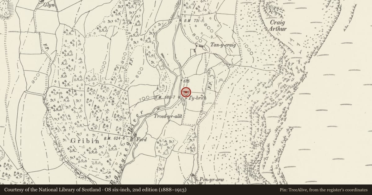 Ordnance Survey six-inch map, 2nd edition (1888–1913) covering the location of Old Farmhouse at Ty-brith, Llantysilio, Denbighshire, with a pin at the register's coordinates