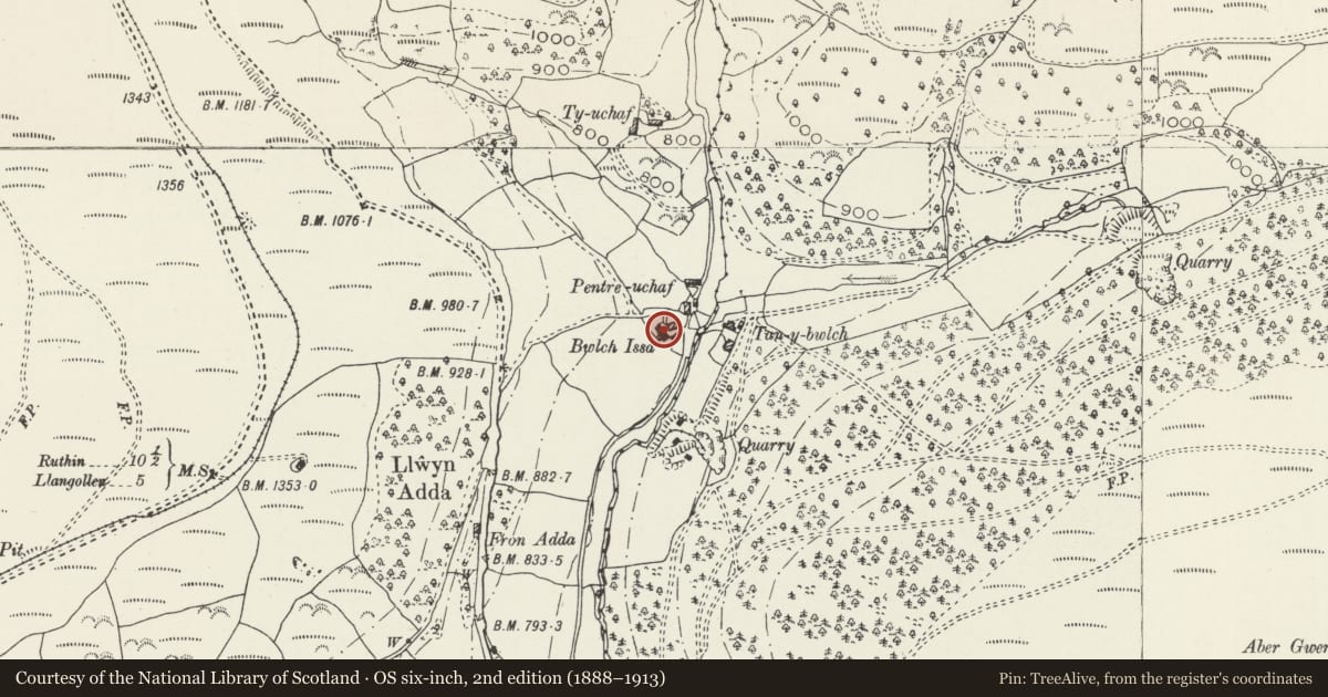 Ordnance Survey six-inch map, 2nd edition (1888–1913) covering the location of Farm Building at Bwlch-issa, Llantysilio, Denbighshire, with a pin at the register's coordinates