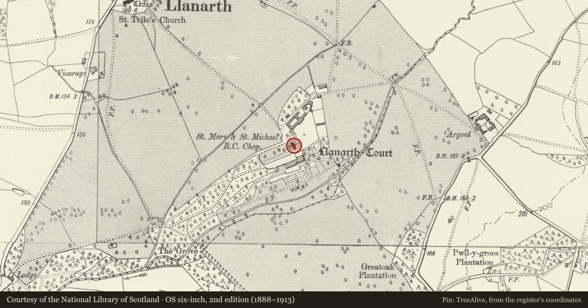 Ordnance Survey six-inch map, 2nd edition (1888–1913) covering the location of Roman Catholic Church of St Mary and St Michael, Llanarth, Monmouthshire, with a pin at the register's coordinates