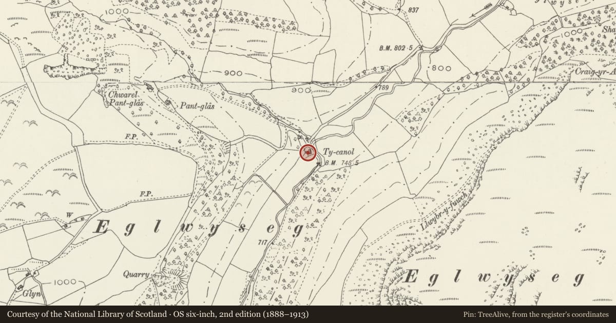 Ordnance Survey six-inch map, 2nd edition (1888–1913) covering the location of Ty Canol, Llantysilio, Denbighshire, with a pin at the register's coordinates