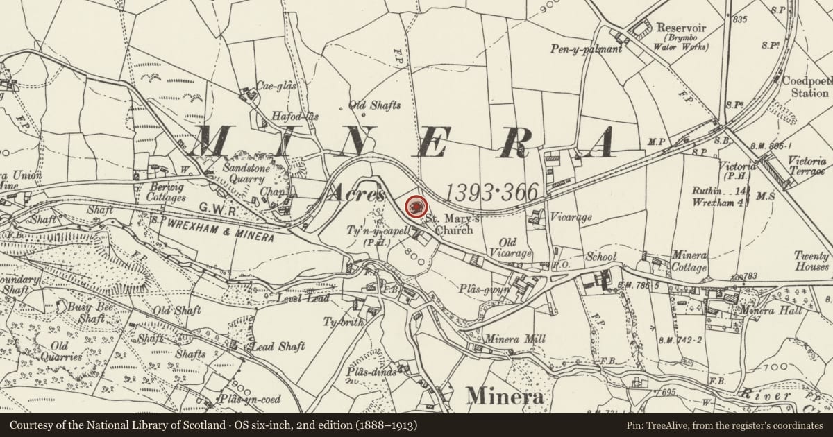 Ordnance Survey six-inch map, 2nd edition (1888–1913) covering the location of Church of St Mary, Minera, Wrexham, with a pin at the register's coordinates