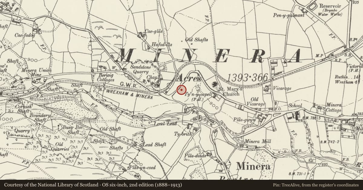 Ordnance Survey six-inch map, 2nd edition (1888–1913) covering the location of Pen-y-Nant, Minera, Wrexham, with a pin at the register's coordinates