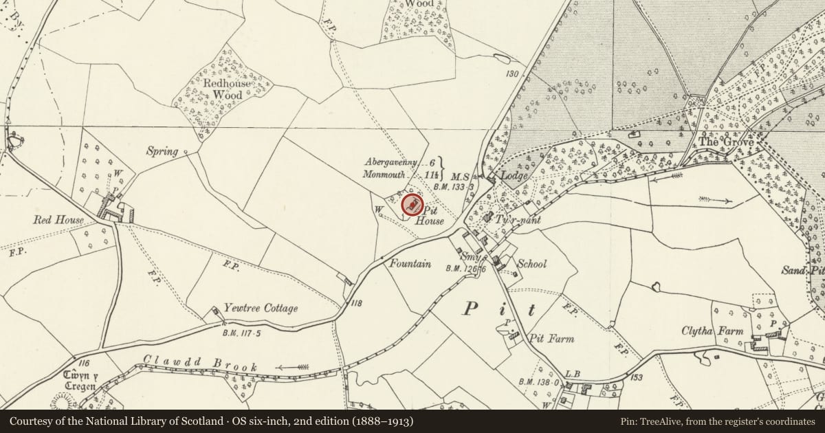 Ordnance Survey six-inch map, 2nd edition (1888–1913) covering the location of Pit House, Llanarth, Monmouthshire, with a pin at the register's coordinates