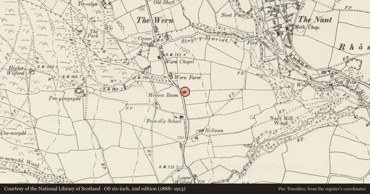 Ordnance Survey six-inch map, 2nd edition (1888–1913) covering the location of Church of St Andrew, Minera, Wrexham, with a pin at the register's coordinates