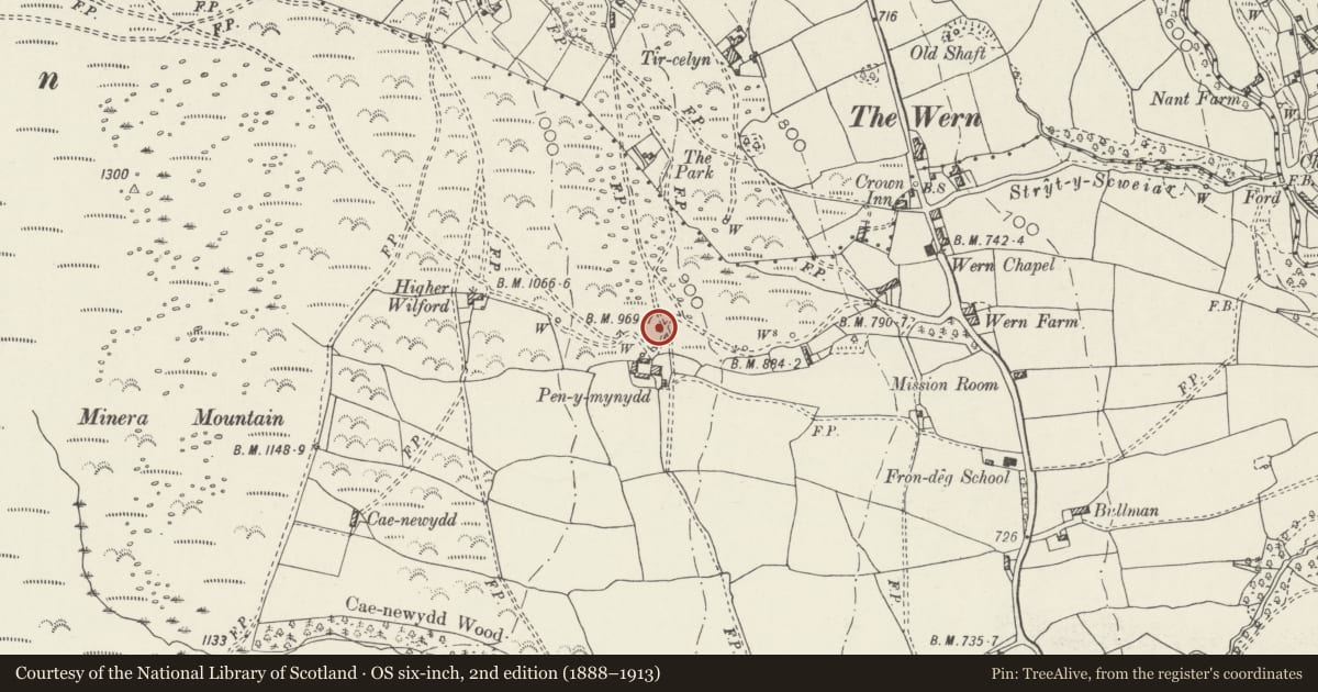 Ordnance Survey six-inch map, 2nd edition (1888–1913) covering the location of Lime Kiln, Minera, Wrexham, with a pin at the register's coordinates