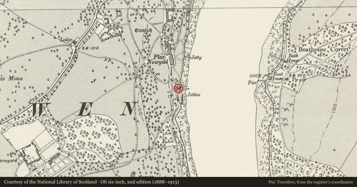 Ordnance Survey six-inch map, 2nd edition (1888–1913) covering the location of Boathouse of Plas Newydd, Llanddaniel Fab, Isle of Anglesey, with a pin at the register's coordinates