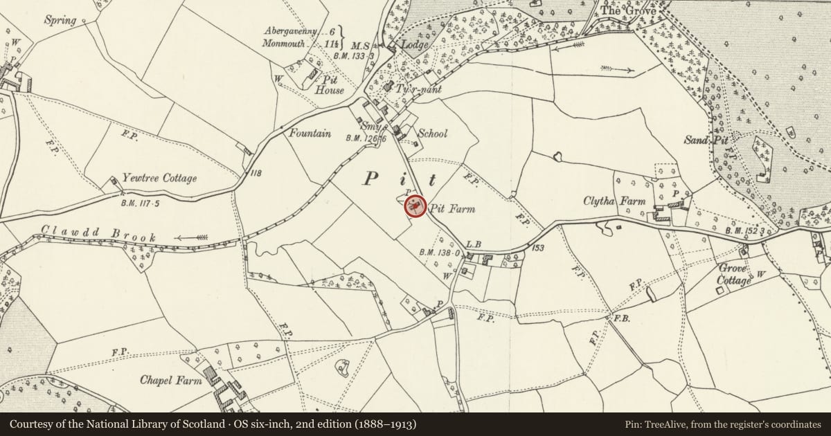 Ordnance Survey six-inch map, 2nd edition (1888–1913) covering the location of Pit Farm Cottage, Llanarth, Monmouthshire, with a pin at the register's coordinates