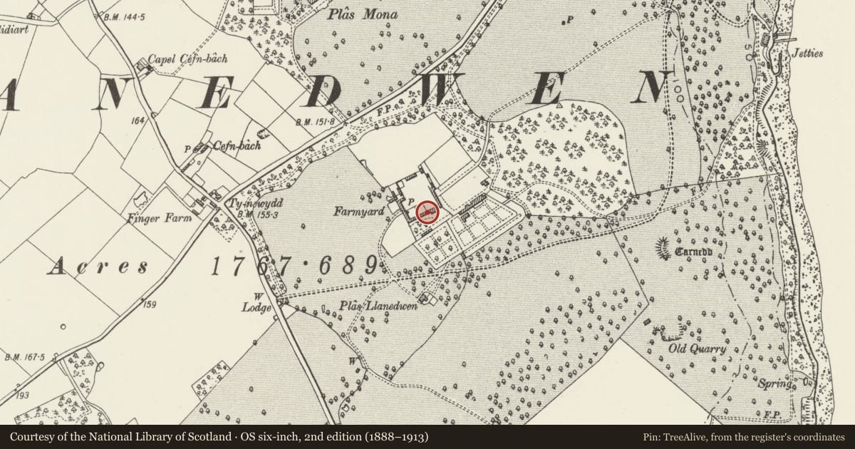 Ordnance Survey six-inch map, 2nd edition (1888–1913) covering the location of Home Farm, Plas Newydd, Llanddaniel Fab, Isle of Anglesey, with a pin at the register's coordinates