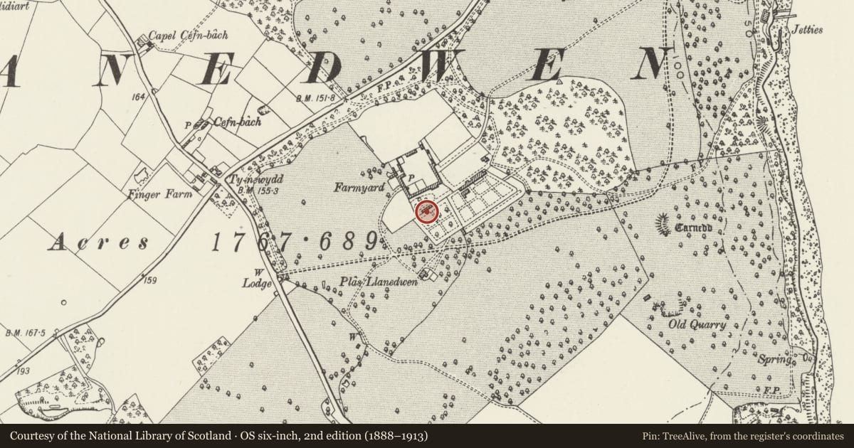 Ordnance Survey six-inch map, 2nd edition (1888–1913) covering the location of Walls of square enclosed garden of Plas Newydd, Llanddaniel Fab, Isle of Anglesey, with a pin at the register's coordinates