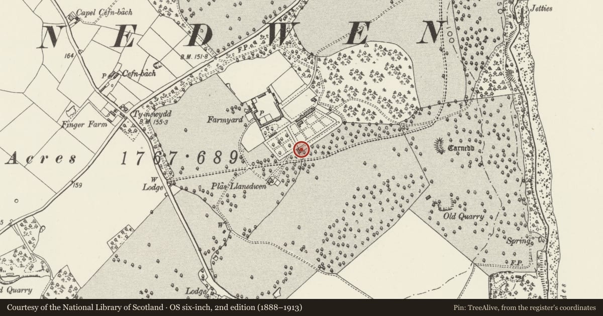 Ordnance Survey six-inch map, 2nd edition (1888–1913) covering the location of Apple House adjoining to south of square garden, Plas Newydd, Llanddaniel Fab, Isle of Anglesey, with a pin at the register's coordinates