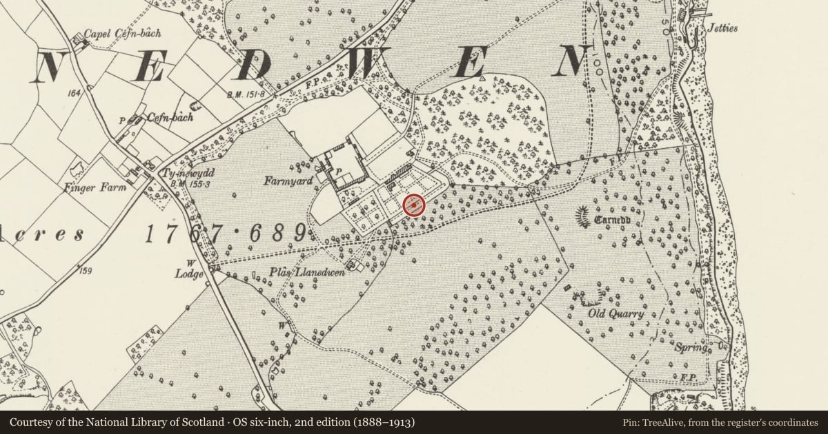 Ordnance Survey six-inch map, 2nd edition (1888–1913) covering the location of Walls of very large rectangular enclosed garden, Plas Newydd, adjoining square garden on south-west, Llanddaniel Fab, Isle of Anglesey, with a pin at the register's coordinates