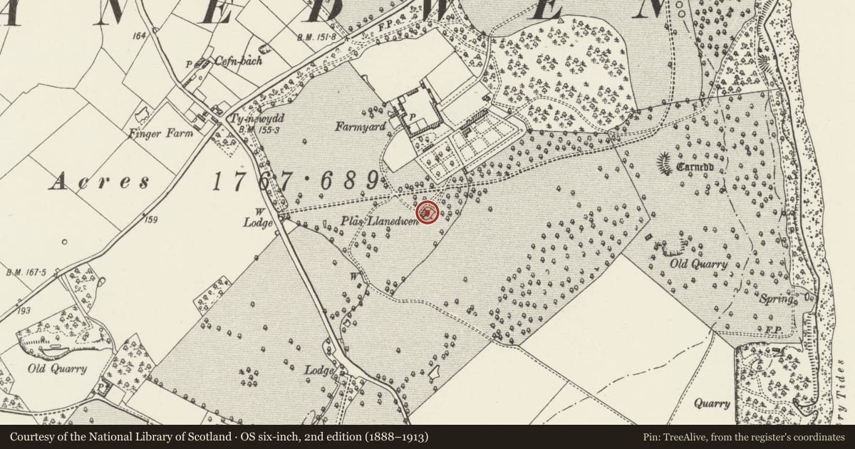 Ordnance Survey six-inch map, 2nd edition (1888–1913) covering the location of Plas Llanedwen, Llanddaniel Fab, Isle of Anglesey, with a pin at the register's coordinates