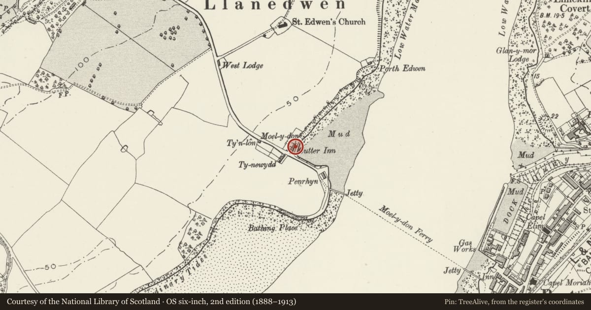 Ordnance Survey six-inch map, 2nd edition (1888–1913) covering the location of The Old Cutter, Llanddaniel Fab, Isle of Anglesey, with a pin at the register's coordinates