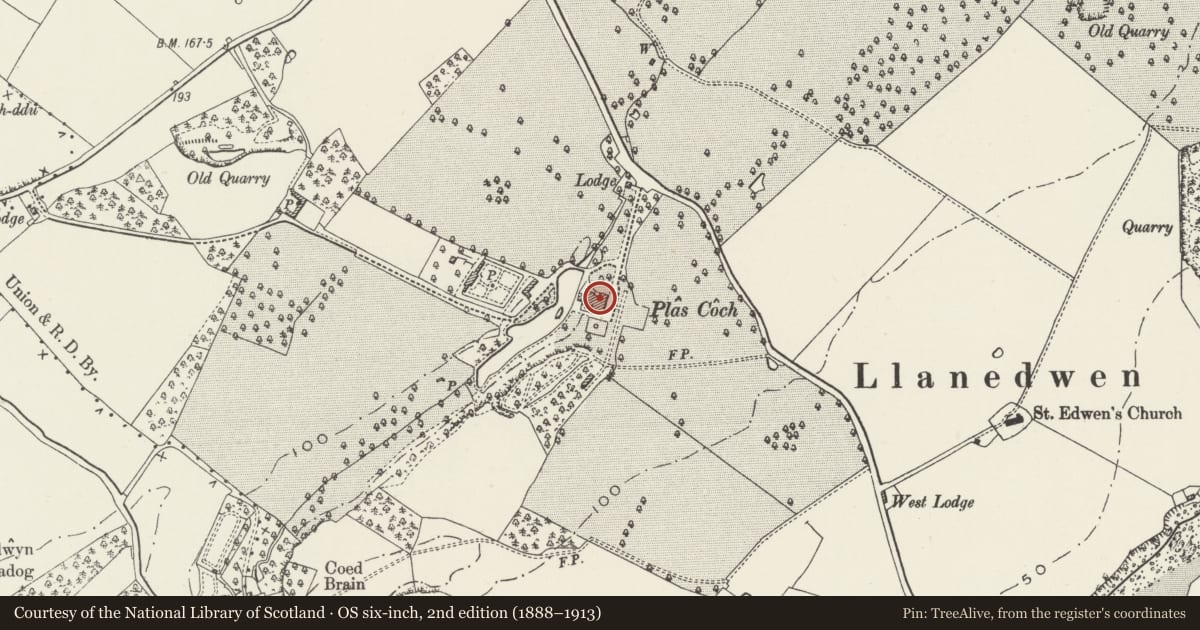 Ordnance Survey six-inch map, 2nd edition (1888–1913) covering the location of Plas Coch, Llanddaniel Fab, Isle of Anglesey, with a pin at the register's coordinates