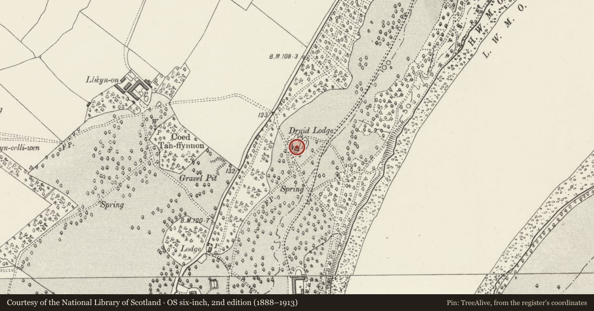 Ordnance Survey six-inch map, 2nd edition (1888–1913) covering the location of Druid Lodge of Plas Newydd, Llanddaniel Fab, Isle of Anglesey, with a pin at the register's coordinates