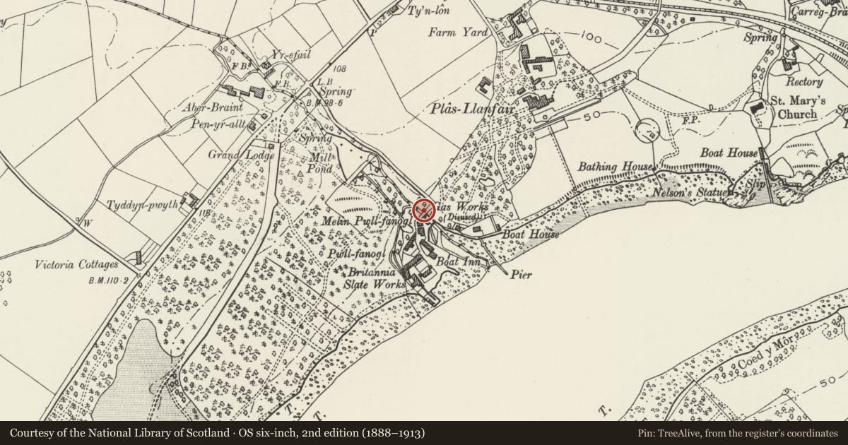Ordnance Survey six-inch map, 2nd edition (1888–1913) covering the location of Bridge over stream near Melin Pwll-fanogl, Llanddaniel Fab, Isle of Anglesey, with a pin at the register's coordinates