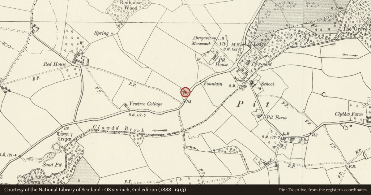 Ordnance Survey six-inch map, 2nd edition (1888–1913) covering the location of Little Pitt Cottage, Llanarth, Monmouthshire, with a pin at the register's coordinates