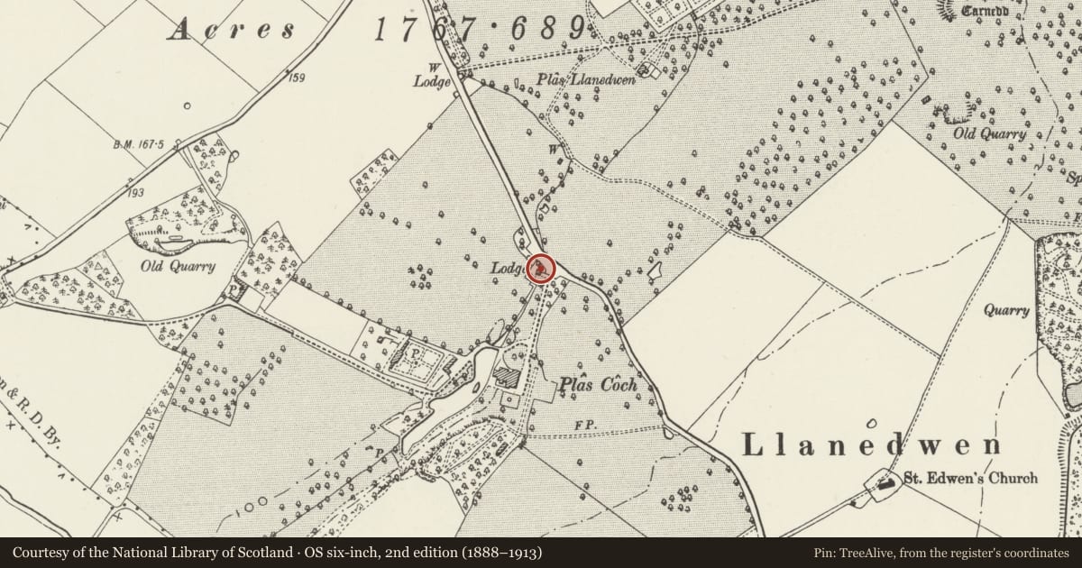 Ordnance Survey six-inch map, 2nd edition (1888–1913) covering the location of Plas Coch Lodge, Llanddaniel Fab, Isle of Anglesey, with a pin at the register's coordinates