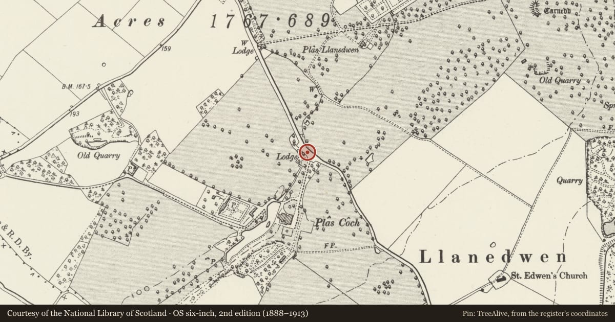 Ordnance Survey six-inch map, 2nd edition (1888–1913) covering the location of Walls and gatepiers at entrance to Plas Coch, Llanddaniel Fab, Isle of Anglesey, with a pin at the register's coordinates
