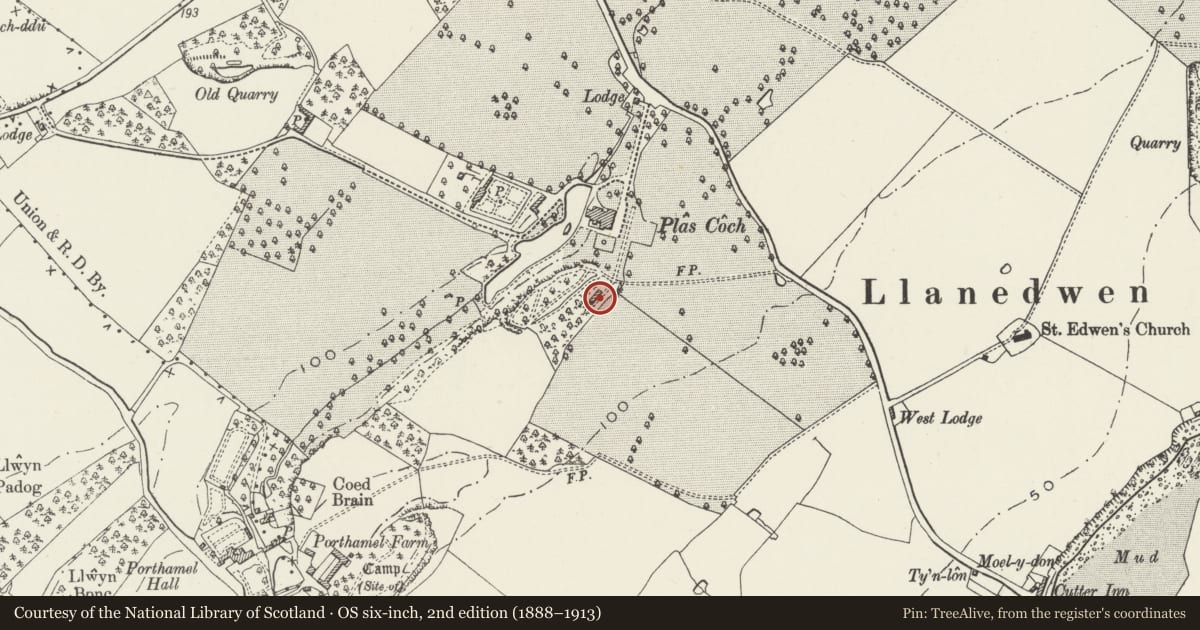 Ordnance Survey six-inch map, 2nd edition (1888–1913) covering the location of Barn at Plas Coch, Llanddaniel Fab, Isle of Anglesey, with a pin at the register's coordinates