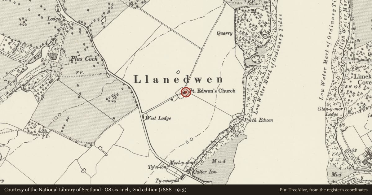 Ordnance Survey six-inch map, 2nd edition (1888–1913) covering the location of Church of St. Edwen, Llanddaniel Fab, Isle of Anglesey, with a pin at the register's coordinates